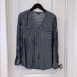 Express Navy and Silver Striped Long Sleeve Blouse, size XL
